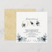 Gold & Navy Boho Floral 1st Birthday Square Kaart (Voorkant / Achterkant)