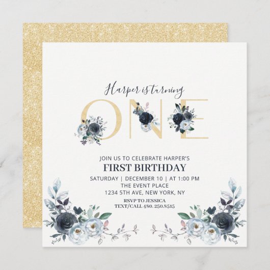 Gold & Navy Boho Floral 1st Birthday Square Kaart (Voorkant / Achterkant)