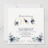 Gold & Navy Boho Floral 1st Birthday Square Kaart (Voorkant)