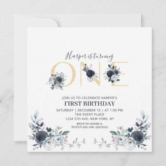 Gold & Navy Boho Floral 1st Birthday Square Kaart (Voorkant)