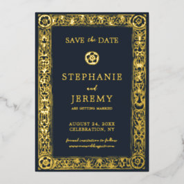 Gold Navy Botanical Floral Save the Date Folie Uitnodiging