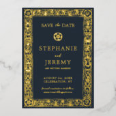 Gold Navy Botanical Floral Save the Date Folie Uitnodiging (Voorkant)