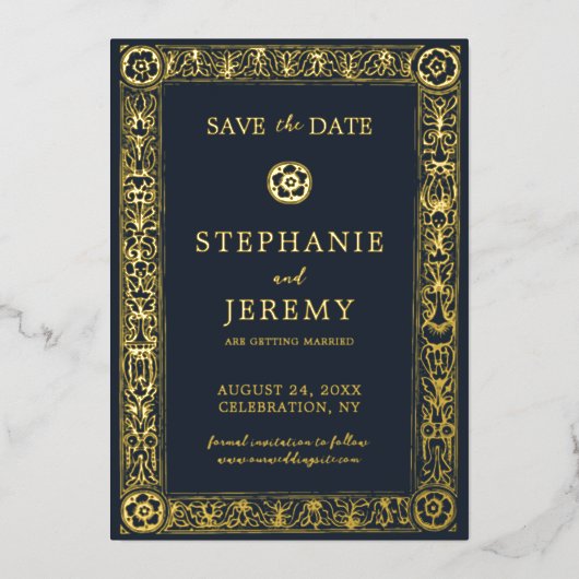 Gold Navy Botanical Floral Save the Date Folie Uitnodiging (Voorkant)