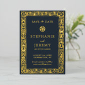 Gold Navy Botanical Floral Save the Date Folie Uitnodiging (Staand Voorkant)