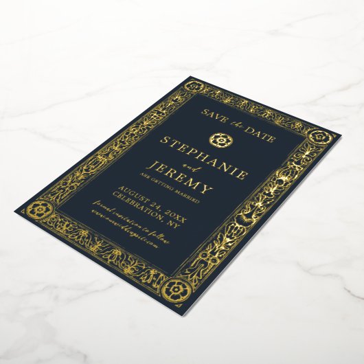 Gold Navy Botanical Floral Save the Date Folie Uitnodiging (Gedraaid)