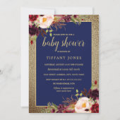 Gold Navy Bourgondië Bloemen Baby shower Uitnodige Kaart (Voorkant)