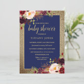 Gold Navy Bourgondië Bloemen Baby shower Uitnodige Kaart (Staand voorkant)