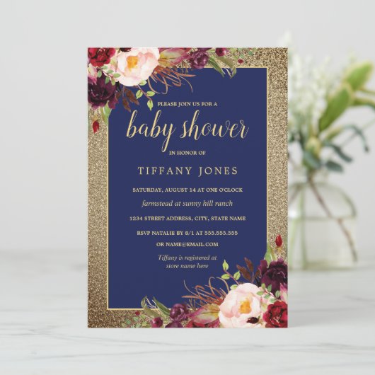 Gold Navy Bourgondië Bloemen Baby shower Uitnodige Kaart (Staand voorkant)