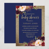Gold Navy Bourgondië Bloemen Baby shower Uitnodige Kaart (Voorkant / Achterkant)
