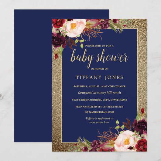 Gold Navy Bourgondië Bloemen Baby shower Uitnodige Kaart (Voorkant / Achterkant)