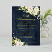 Gold Navy Butterfly 50ste bruiloft Jubileum Folie Uitnodiging (Staand Voorkant)