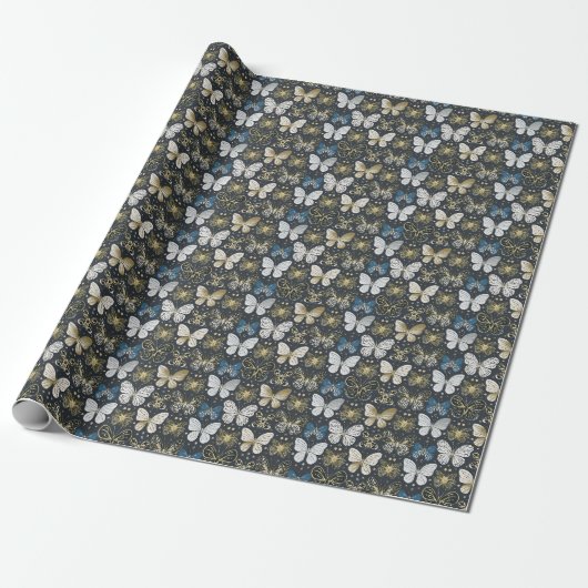 Gold Navy Butterfly Cadeaupapier (Uitgerold)