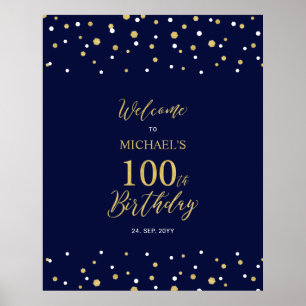 Gold & Navy Confetti 100th Birthday Party Welcome Poster