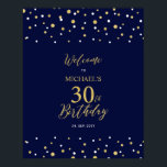 Gold & Navy Confetti 30th Birthday Party Welcome Poster<br><div class="desc">Welkom uw gasten op een speciale feestdag met dit stijlvolle gouden en marineschoolblauwe welkomstteken. Dit bord is voorzien van moderne typografie" Welkom op 30th Birthday" en een hexagon confetti-ontwerp. U kunt de naam en de datum aanpassen. Overeenkomende uitnodigingen en partijbenodigdheden zijn beschikbaar in mijn winkel BaraBomDesign.</div>