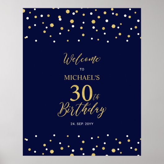 Gold & Navy Confetti 30th Birthday Party Welcome Poster (Voorkant)