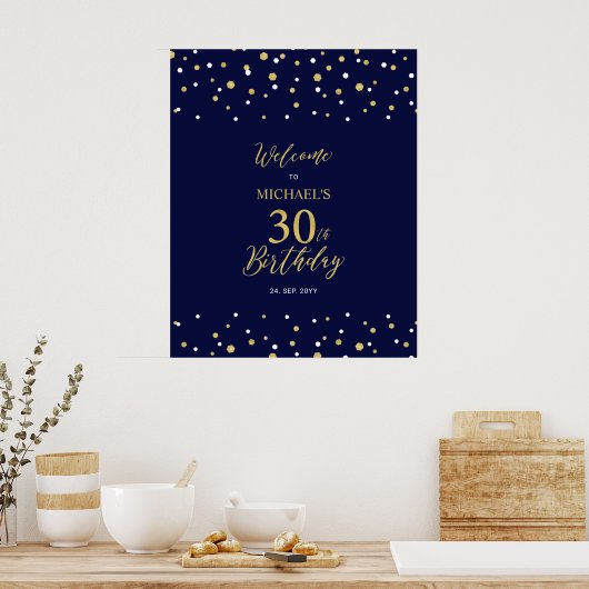 Gold & Navy Confetti 30th Birthday Party Welcome Poster (Keuken)