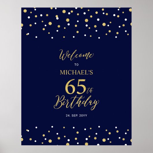 Gold & Navy Confetti 65th Birthday Party Welcome Poster (Voorkant)