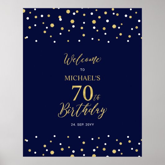 Gold & Navy Confetti 70th Birthday Party Welcome Poster (Voorkant)