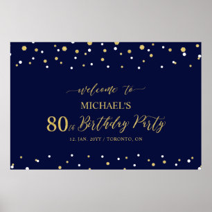Gold & Navy Confetti 80th Birthday Party Welcome Poster