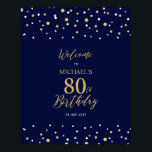 Gold & Navy Confetti 80th Birthday Party Welcome Poster<br><div class="desc">Welkom uw gasten op een speciale feestdag met dit stijlvolle gouden en marineschoolblauwe welkomstteken. Dit bord is voorzien van moderne typografie" Welkom op 80th Birthday" en een hexagon confetti-ontwerp. U kunt de naam en de datum aanpassen. Overeenkomende uitnodigingen en partijbenodigdheden zijn beschikbaar in mijn winkel BaraBomDesign.</div>