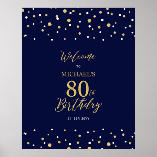 Gold & Navy Confetti 80th Birthday Party Welcome Poster (Voorkant)