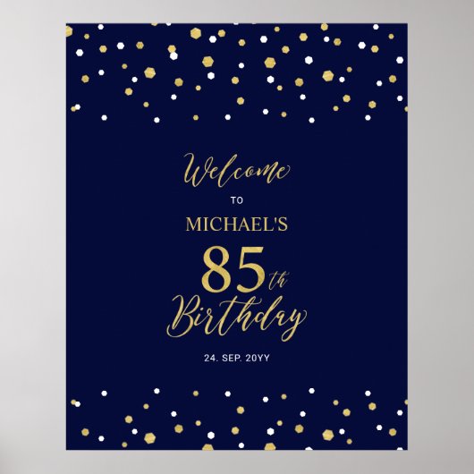 Gold & Navy Confetti 85th Birthday Party Welkom Poster (Voorkant)
