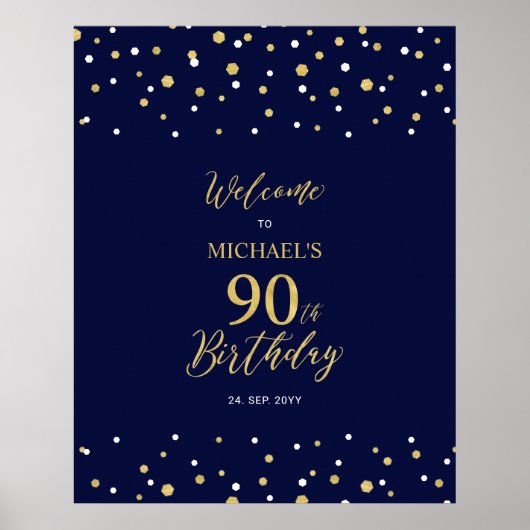 Gold & Navy Confetti 90th Birthday Party Welcome Poster (Voorkant)