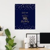Gold & Navy Confetti 90th Birthday Party Welcome Poster (Thuiskantoor)