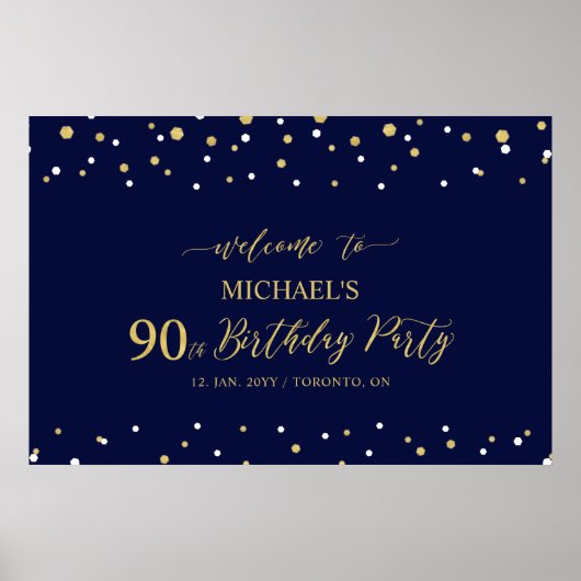 Gold & Navy Confetti 90th Birthday Party Welcome Poster (Voorkant)