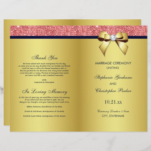 Gold Navy Coral Sequins Bow Wedding Programme (Voorkant / Achterkant)