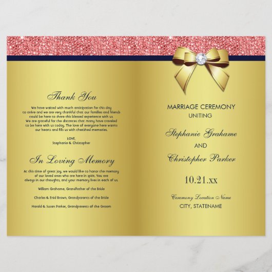 Gold Navy Coral Sequins Bow Wedding Programme (Voorkant)