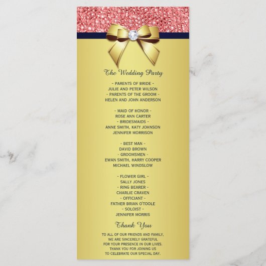 Gold Navy Coral Sequins Bow Wedding Programme Programmakaart (Achterkant)