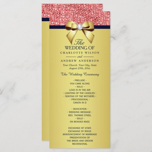Gold Navy Coral Sequins Bow Wedding Programme Programmakaart (Voorkant / Achterkant)
