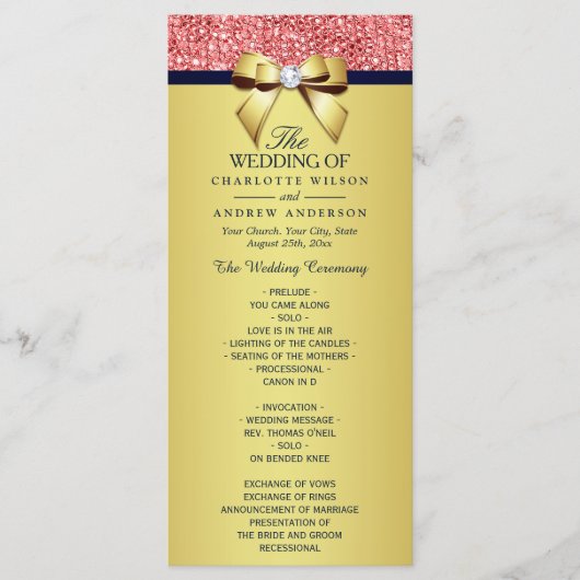 Gold Navy Coral Sequins Bow Wedding Programme Programmakaart (Voorkant)