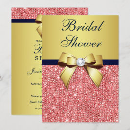 Gold Navy Coral Sequins Diamonds Bow Vrijgezellenf Kaart
