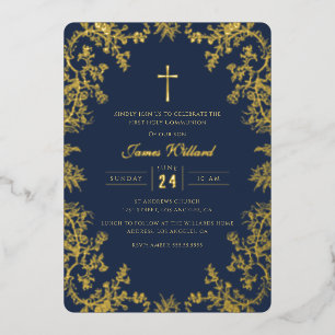 Gold Navy Cross Eerste Communie Folie Uitnodiging
