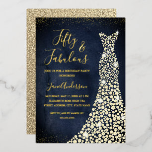 Gold Navy Dress 50 & Fabulous Birthday Folie Invit Uitnodiging