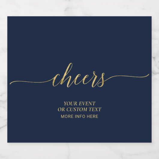 Gold & Navy Elegant Script Cheers Party Favor Sparkling Wijnetiket (Enkel label)