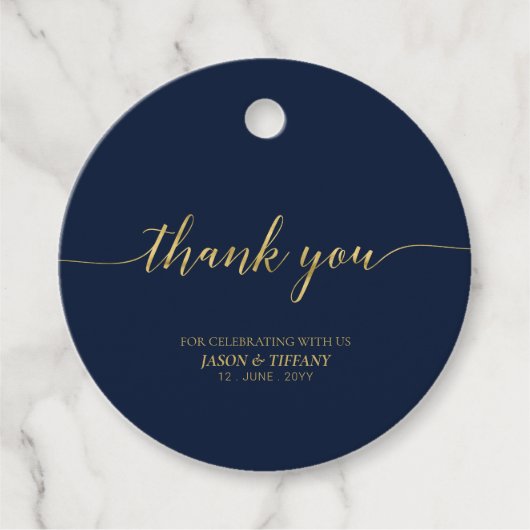 Gold & Navy Elegant Script Party Favor Dank u Bedankjes Labels (Voorkant)