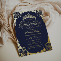 Gold Navy Elegant Script Quinceanera Verjaardag
