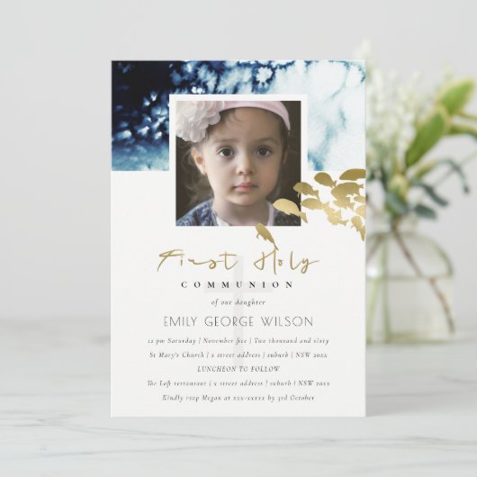 GOLD NAVY FISH FOTO FIRST HOLY COMMUNION INVITE BEDANKKAART (Staand voorkant)
