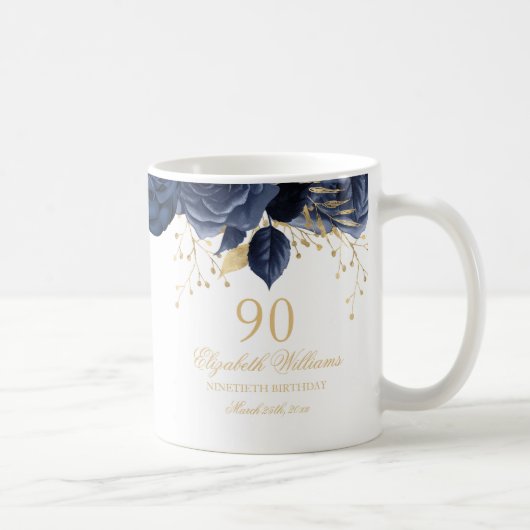 Gold Navy Floral Roos 90e verjaardag Koffiemok (Rechts)