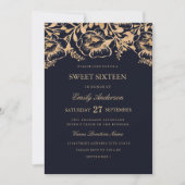  Gold Navy Floral Sweet Sixteen Invitation Kaart (Voorkant)