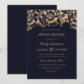  Gold Navy Floral Sweet Sixteen Invitation Kaart (Voorkant / Achterkant)