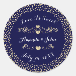 Gold Navy Glitter Save the Date Love is Sweet Ronde Sticker