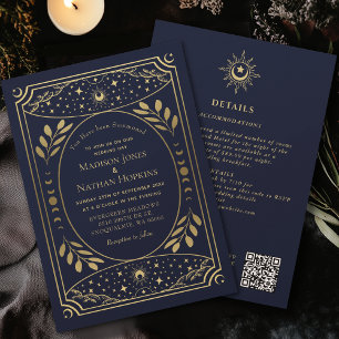 Gold Navy Gothic  Tarot Wedding QR Code Kaart