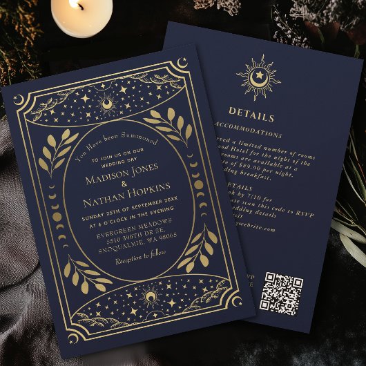 Gold Navy Gothic Tarot Wedding QR Code Kaart