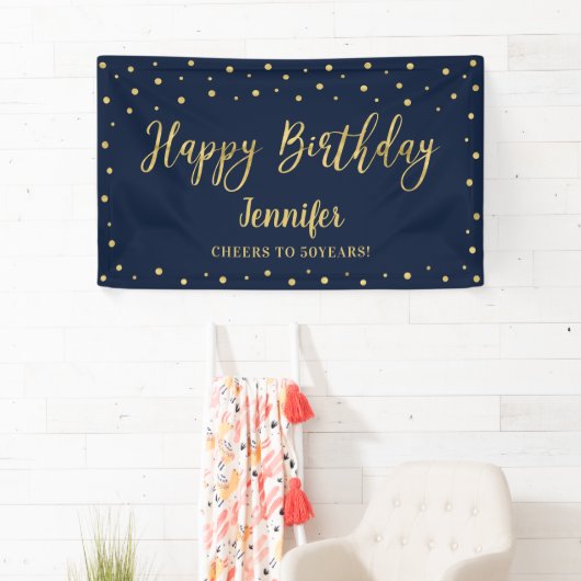 Gold & Navy Happy Birthday Party-banner Spandoek (Insitu)