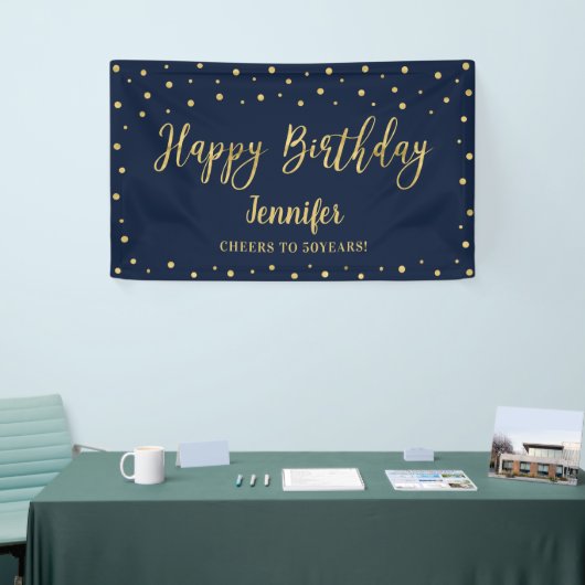 Gold & Navy Happy Birthday Party-banner Spandoek (Beurs)