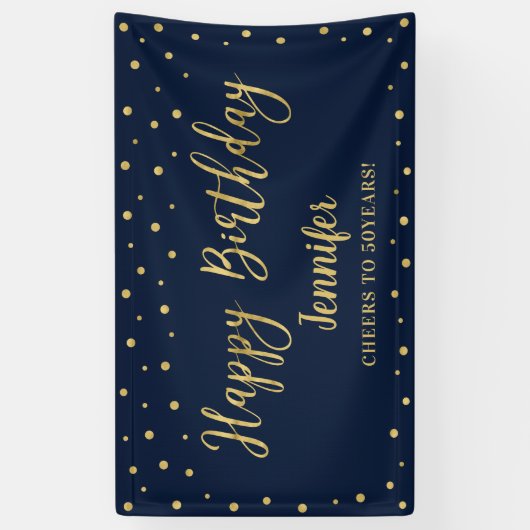 Gold & Navy Happy Birthday Party-banner Spandoek (Verticaal)